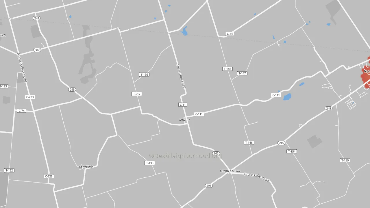 Walk Grade map of Mingo, OH, walkable areas in green and car-dependent areas in red