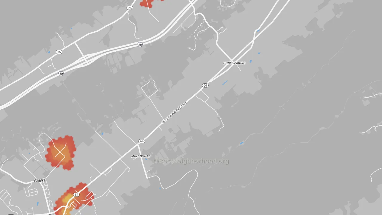 Walk Grade map of Mingoville, PA, walkable areas in green and car-dependent areas in red
