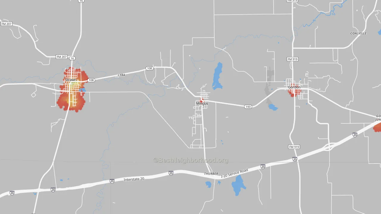 Walk Grade map of Mingus, TX, walkable areas in green and car-dependent areas in red