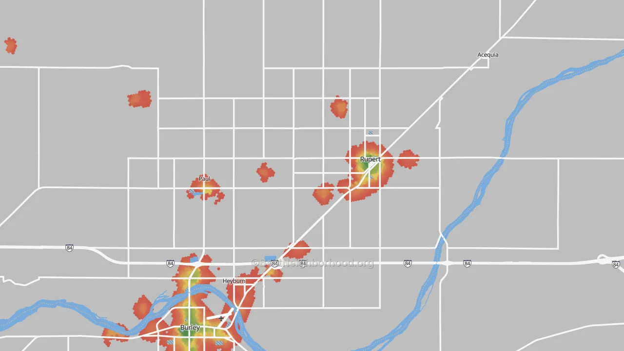 Walk Grade map of Minidoka County, ID, walkable areas in green and car-dependent areas in red