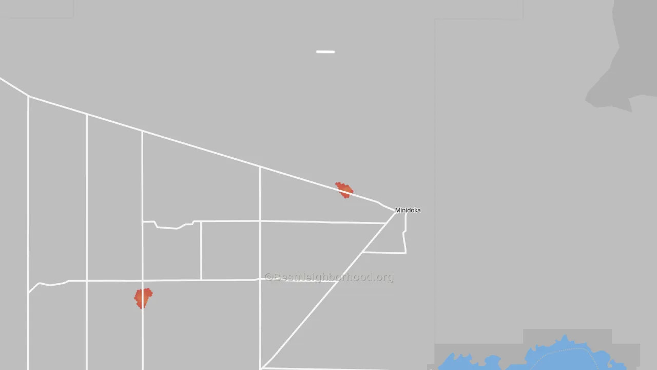 Walk Grade map of Minidoka, ID, walkable areas in green and car-dependent areas in red