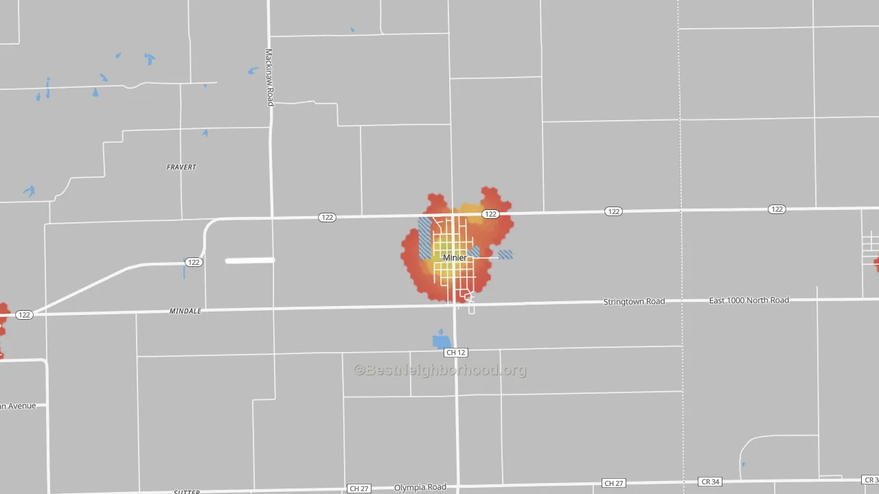Walk Grade map of Minier, IL, walkable areas in green and car-dependent areas in red