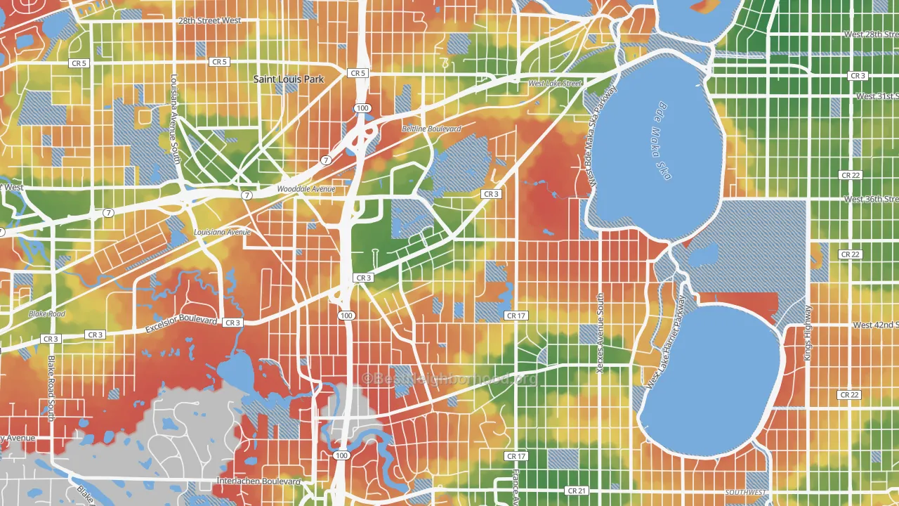 Walk Grade map of Minikahda Vista, St. Louis Park, MN, walkable areas in green and car-dependent areas in red