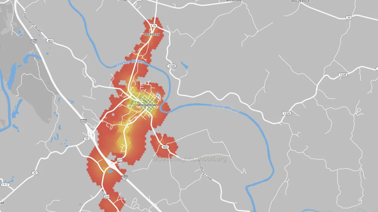 Walk Grade map of Mining City, KY, walkable areas in green and car-dependent areas in red