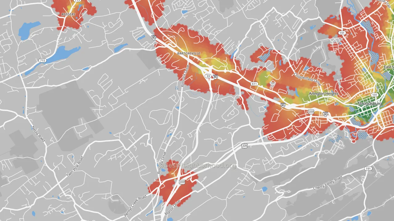 Walk Grade map of Minisink Hills, PA, walkable areas in green and car-dependent areas in red