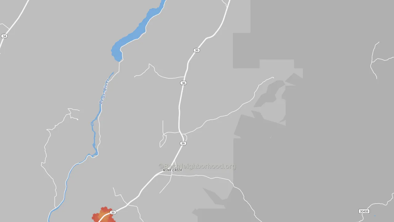 Walk Grade map of Mink Creek, ID, walkable areas in green and car-dependent areas in red