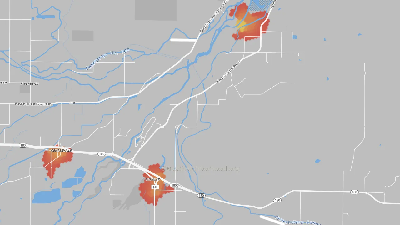 Walk Grade map of Minkler, CA, walkable areas in green and car-dependent areas in red