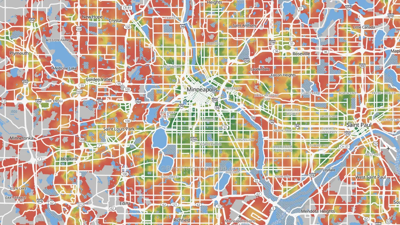 Walk Grade map of Minneapolis, MN, walkable areas in green and car-dependent areas in red