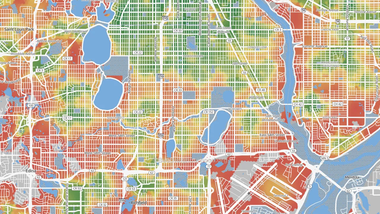 Walk Grade map of Minnehaha, Minneapolis, MN, walkable areas in green and car-dependent areas in red