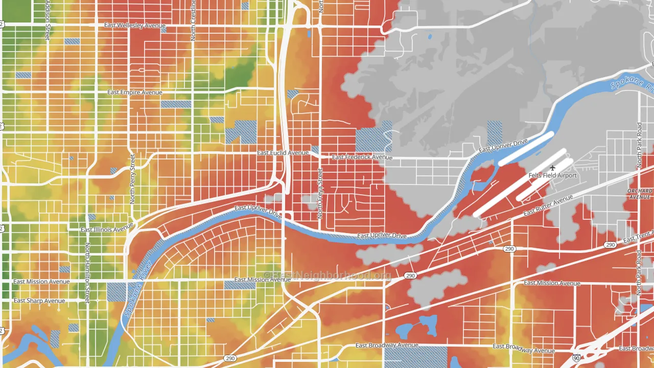 Walk Grade map of Minnehaha, Spokane, WA, walkable areas in green and car-dependent areas in red