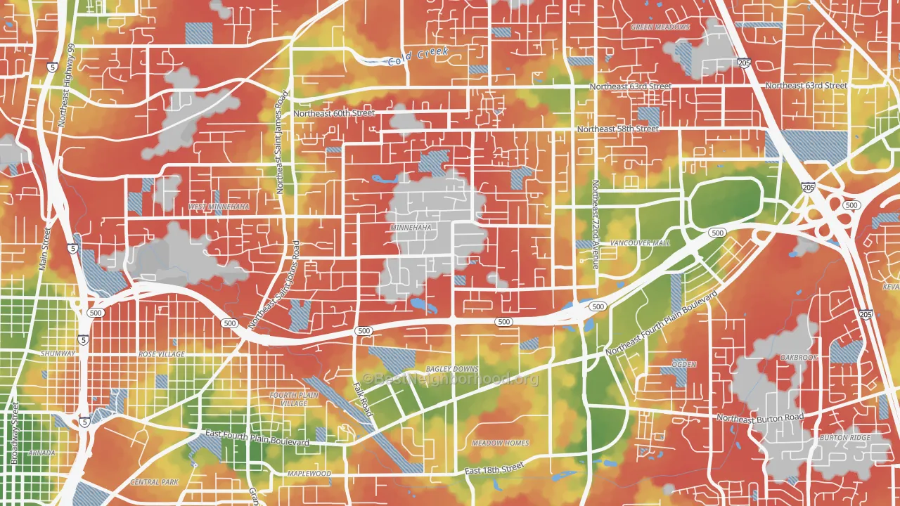 Walk Grade map of Minnehaha, WA, walkable areas in green and car-dependent areas in red