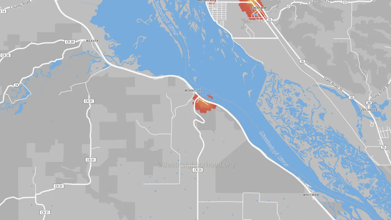 Walk Grade map of Minneiska, MN, walkable areas in green and car-dependent areas in red