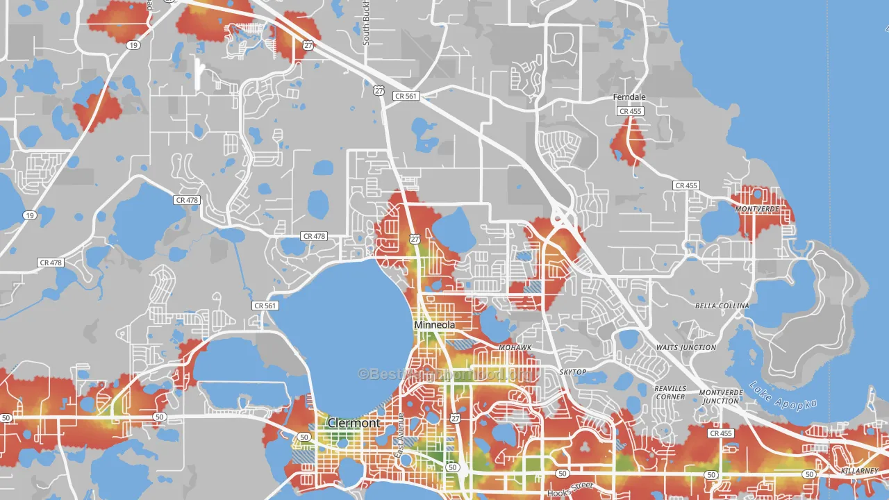 Walk Grade map of Minneola, FL, walkable areas in green and car-dependent areas in red