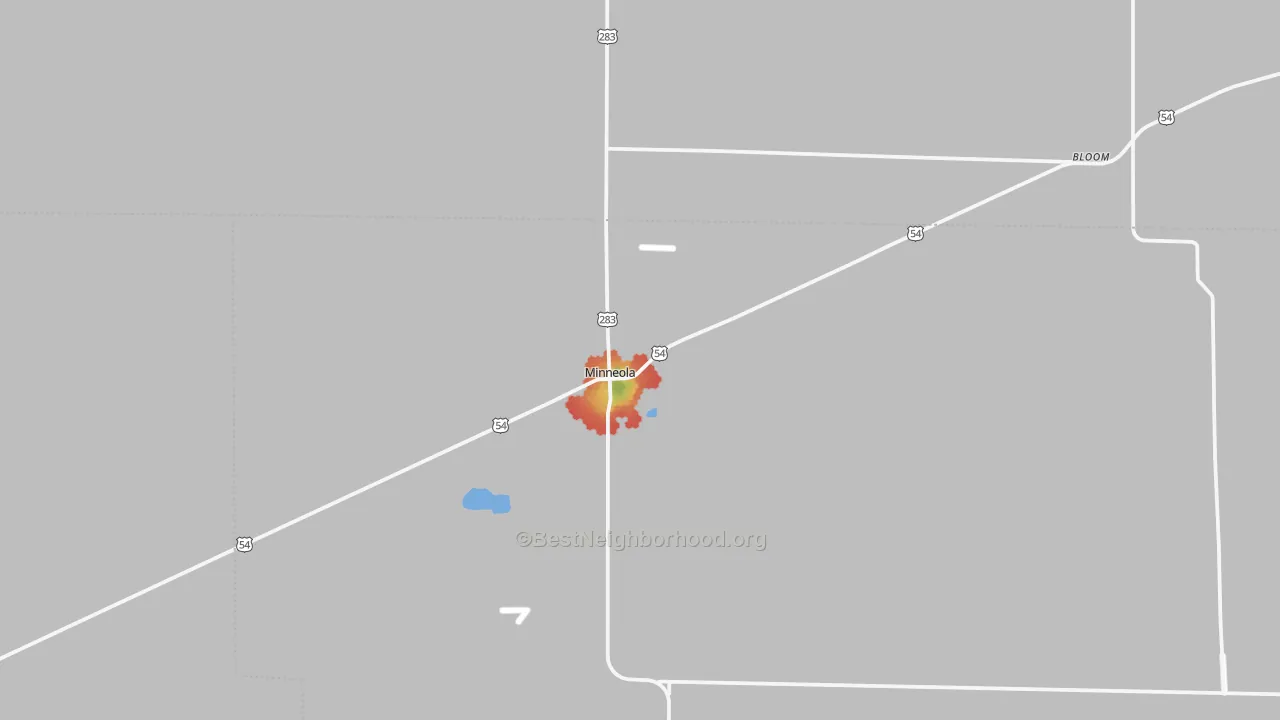 Walk Grade map of Minneola, KS, walkable areas in green and car-dependent areas in red