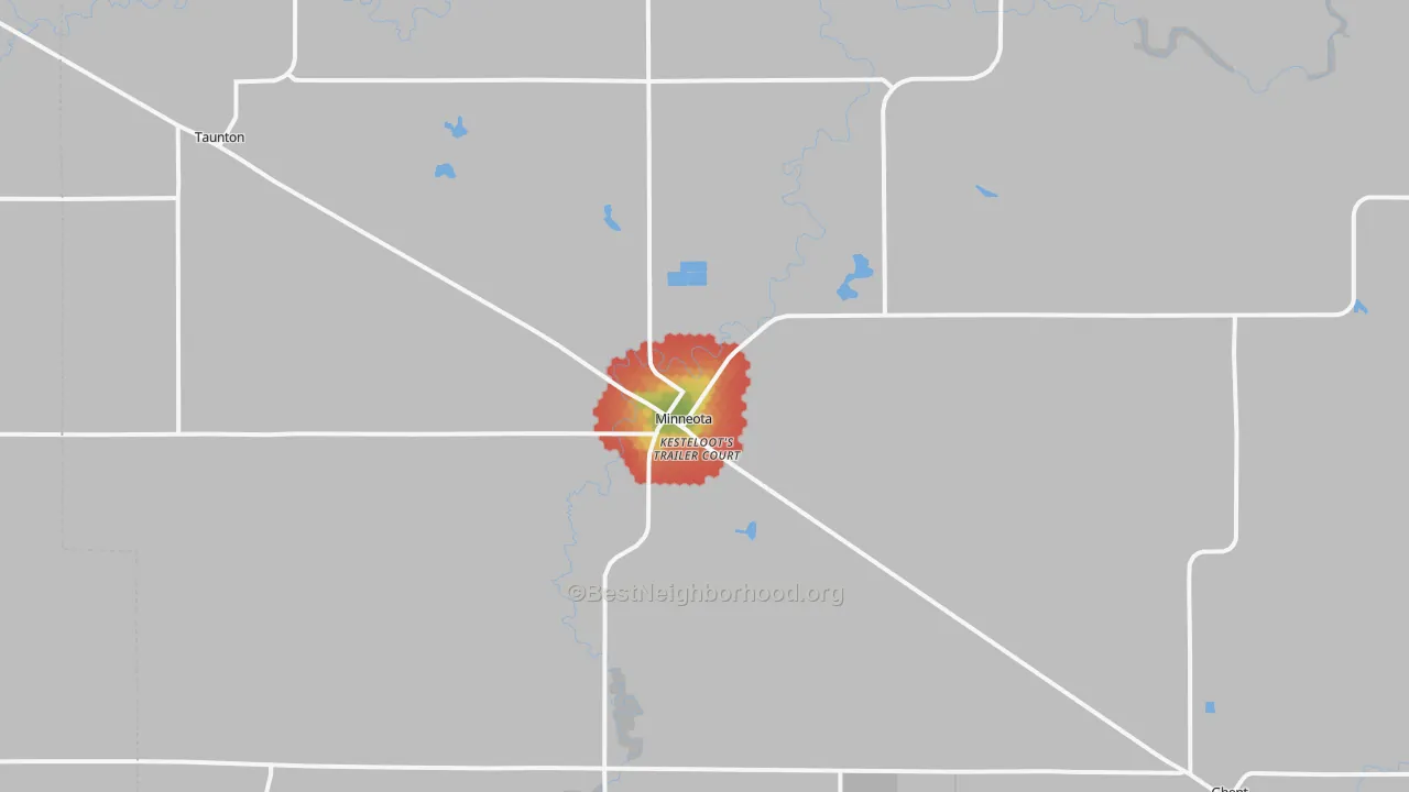 Walk Grade map of Minneota, MN, walkable areas in green and car-dependent areas in red