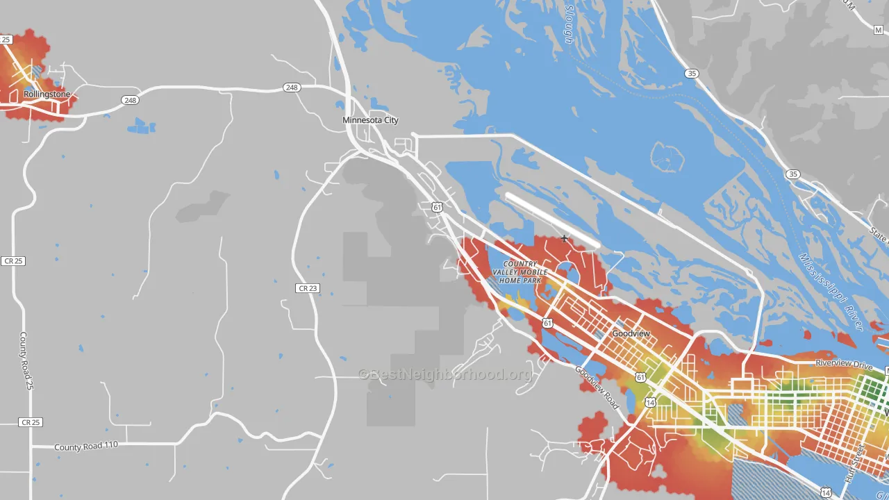 Walk Grade map of Minnesota City, MN, walkable areas in green and car-dependent areas in red