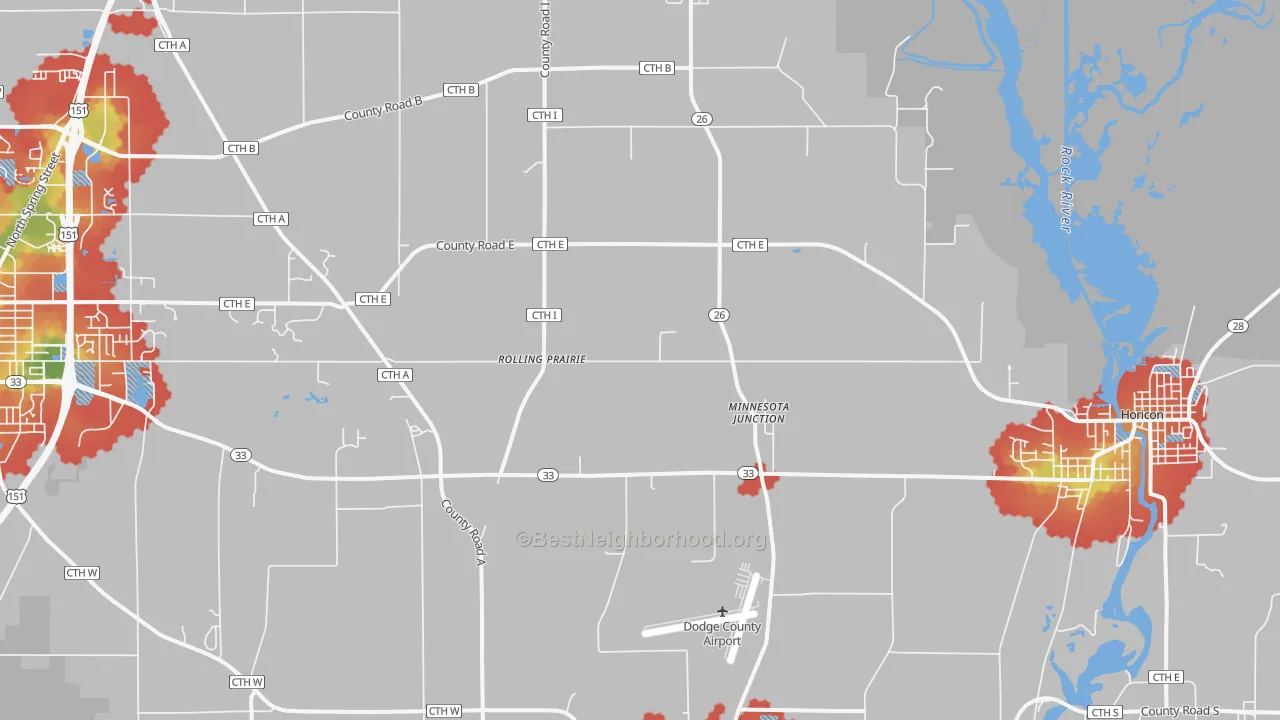 Walk Grade map of Minnesota Junction, WI, walkable areas in green and car-dependent areas in red