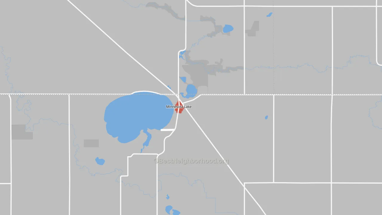 Walk Grade map of Minnesota Lake, MN, walkable areas in green and car-dependent areas in red