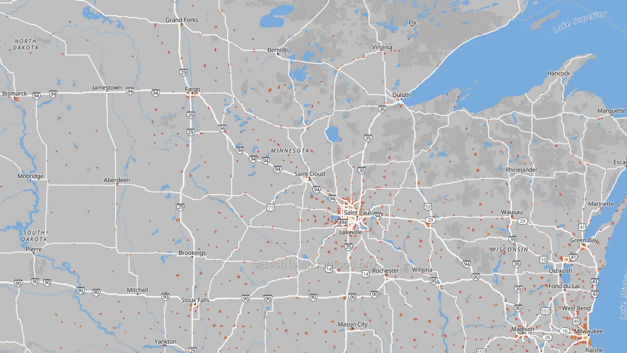 Walk Grade map of Minnesota, walkable areas in green and car-dependent areas in red