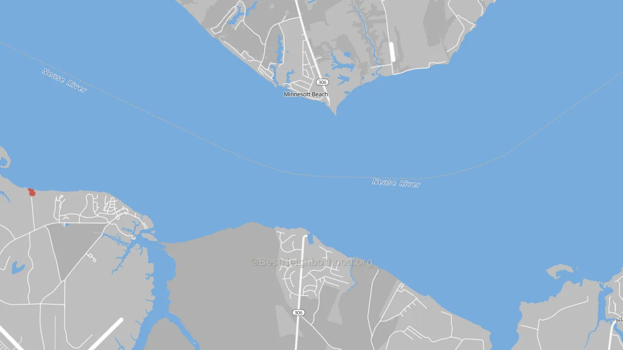 Walk Grade map of Minnesott Beach, NC, walkable areas in green and car-dependent areas in red