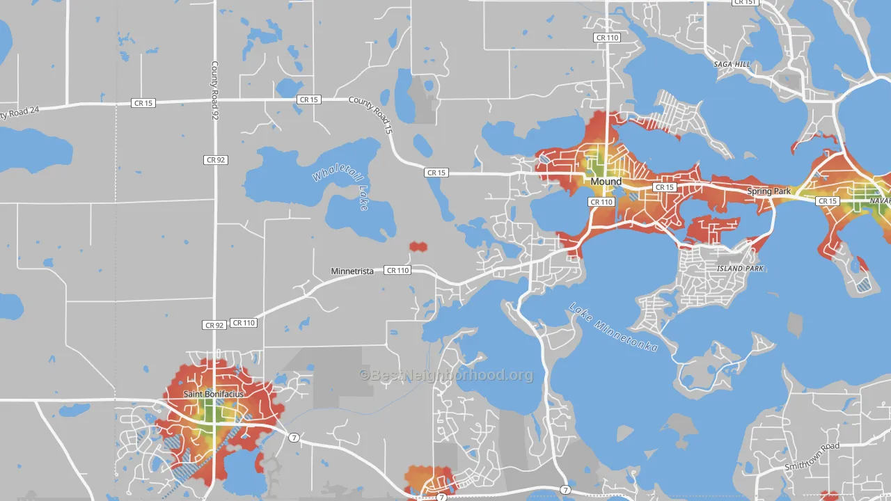 Walk Grade map of Minnetrista, MN, walkable areas in green and car-dependent areas in red