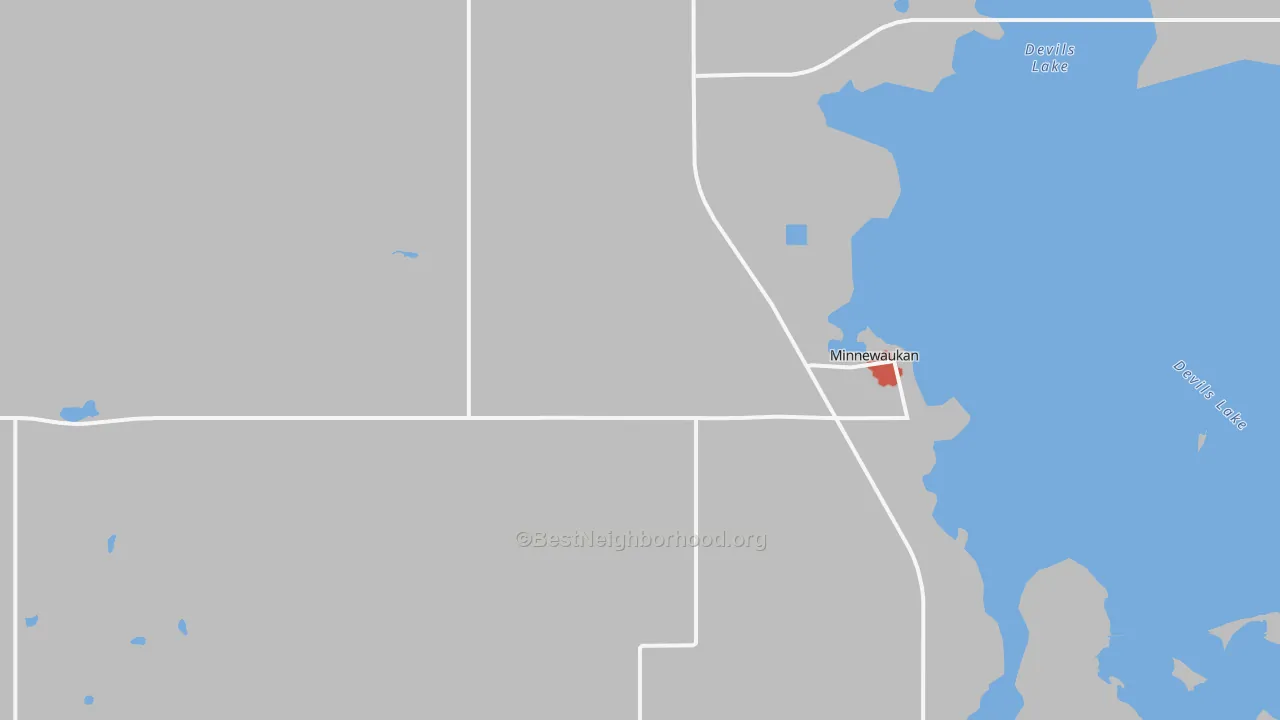 Walk Grade map of Minnewaukan, ND, walkable areas in green and car-dependent areas in red