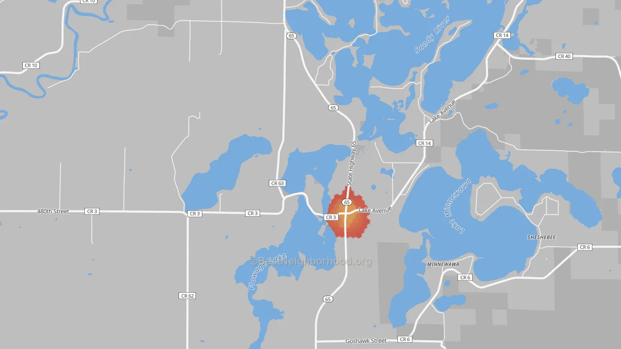 Walk Grade map of Minnewawa, MN, walkable areas in green and car-dependent areas in red