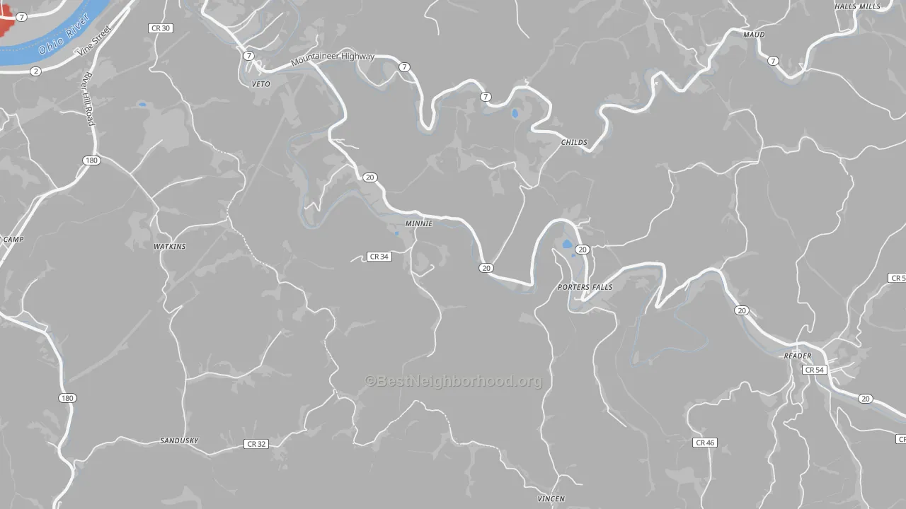 Walk Grade map of Minnie, WV, walkable areas in green and car-dependent areas in red