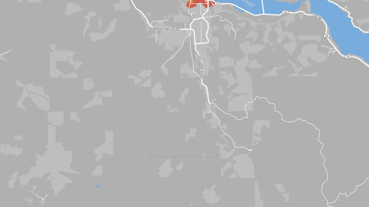 Walk Grade map of Minnow, OR, walkable areas in green and car-dependent areas in red