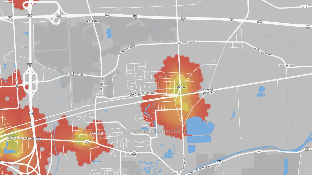 Walk Grade map of Minoa, NY, walkable areas in green and car-dependent areas in red