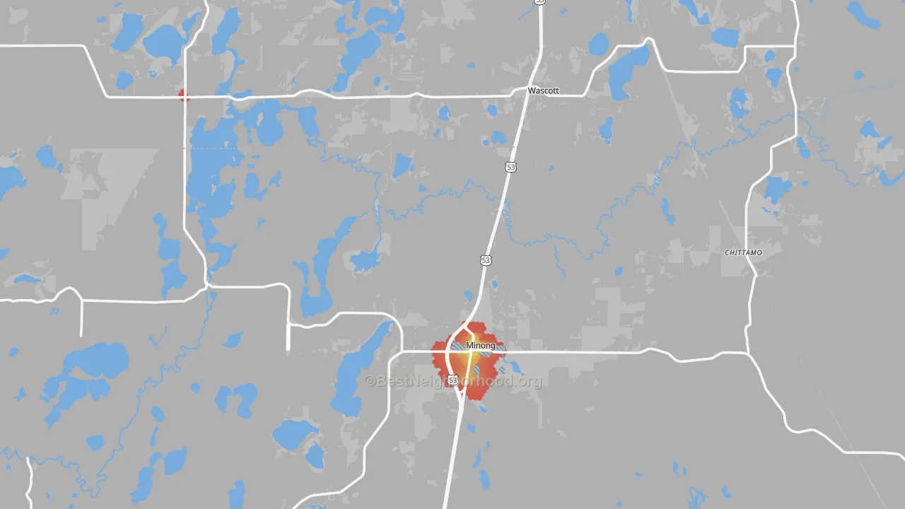 Walk Grade map of Minong, WI, walkable areas in green and car-dependent areas in red