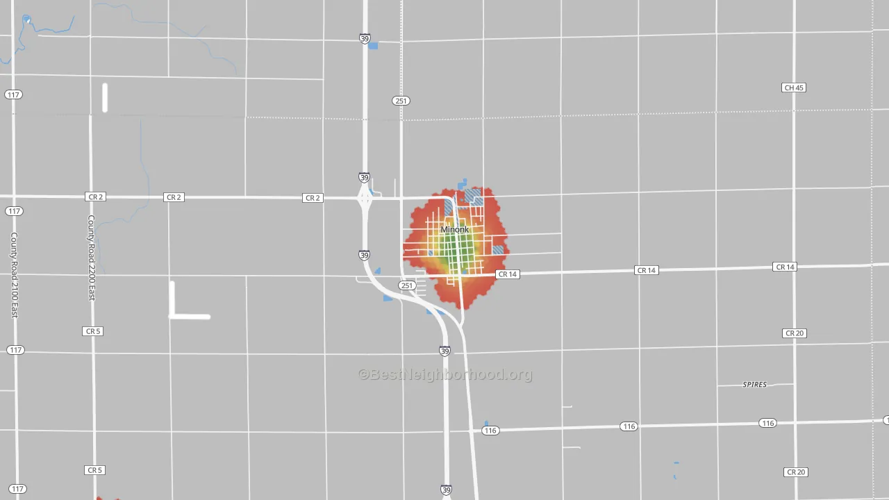 Walk Grade map of Minonk, IL, walkable areas in green and car-dependent areas in red