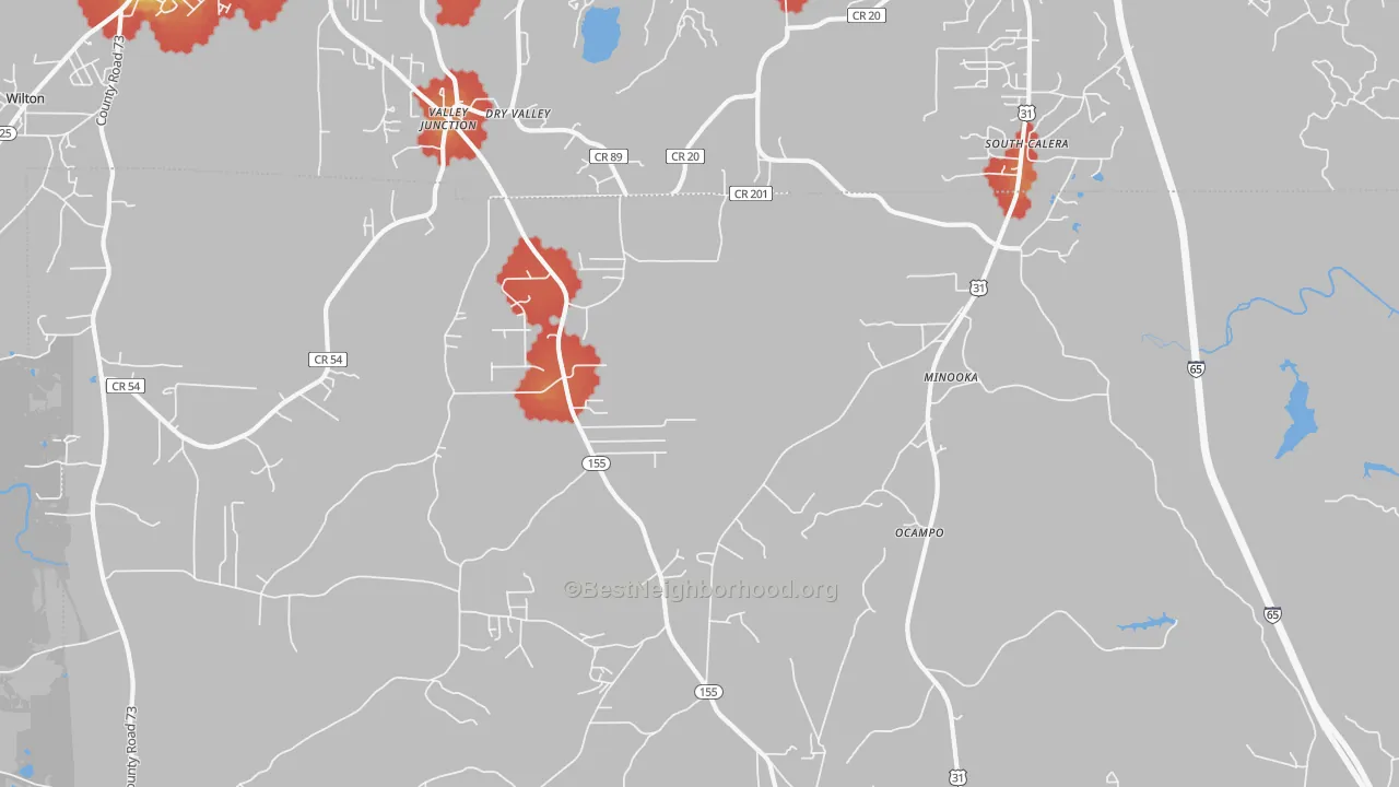 Walk Grade map of Minooka, AL, walkable areas in green and car-dependent areas in red