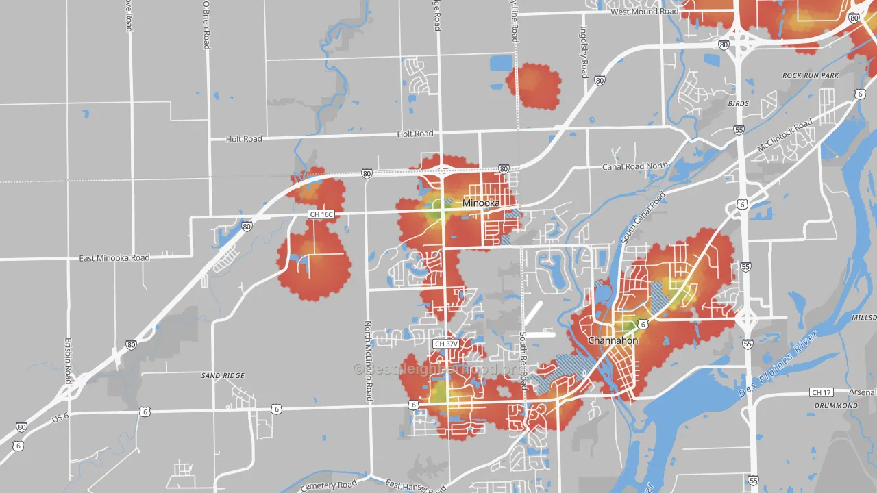 Walk Grade map of Minooka, IL, walkable areas in green and car-dependent areas in red