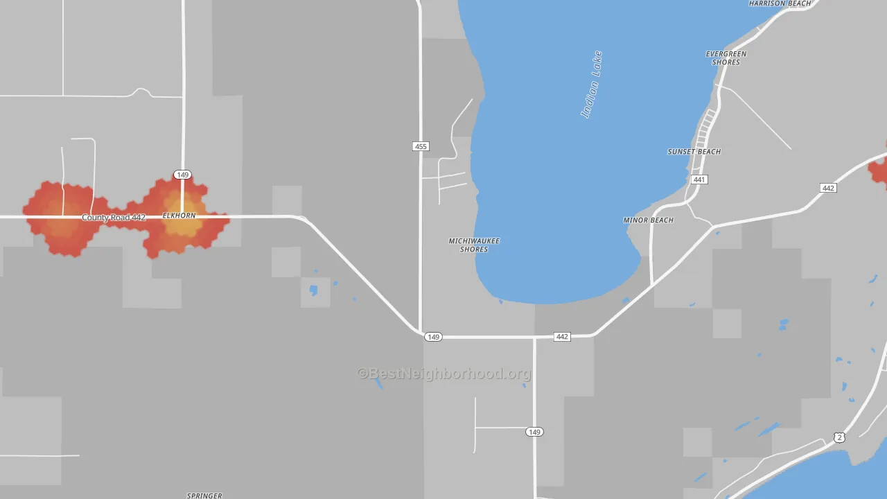 Walk Grade map of Minor Beach, MI, walkable areas in green and car-dependent areas in red