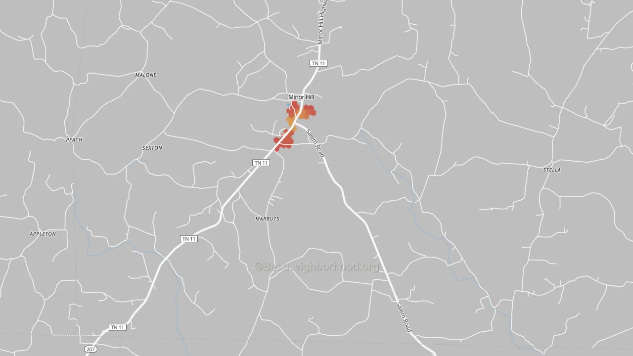 Walk Grade map of Minor Hill, TN, walkable areas in green and car-dependent areas in red
