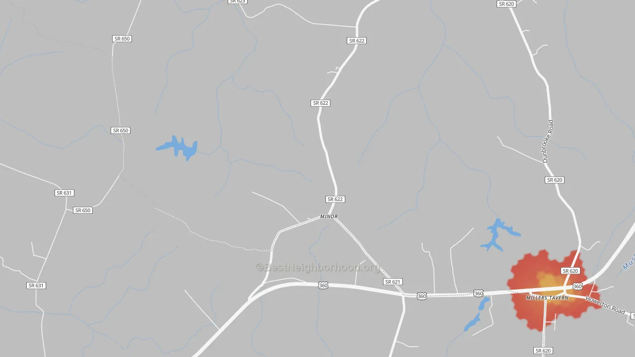 Walk Grade map of Minor, VA, walkable areas in green and car-dependent areas in red