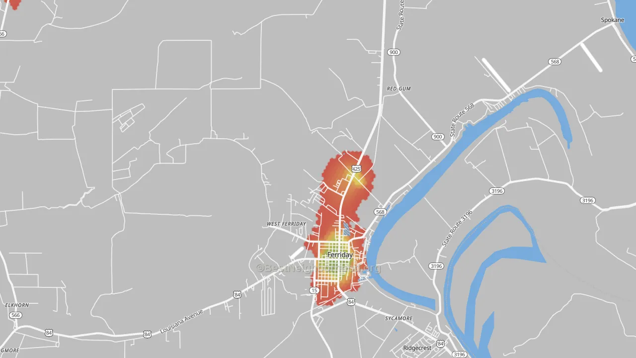 Walk Grade map of Minorca, LA, walkable areas in green and car-dependent areas in red