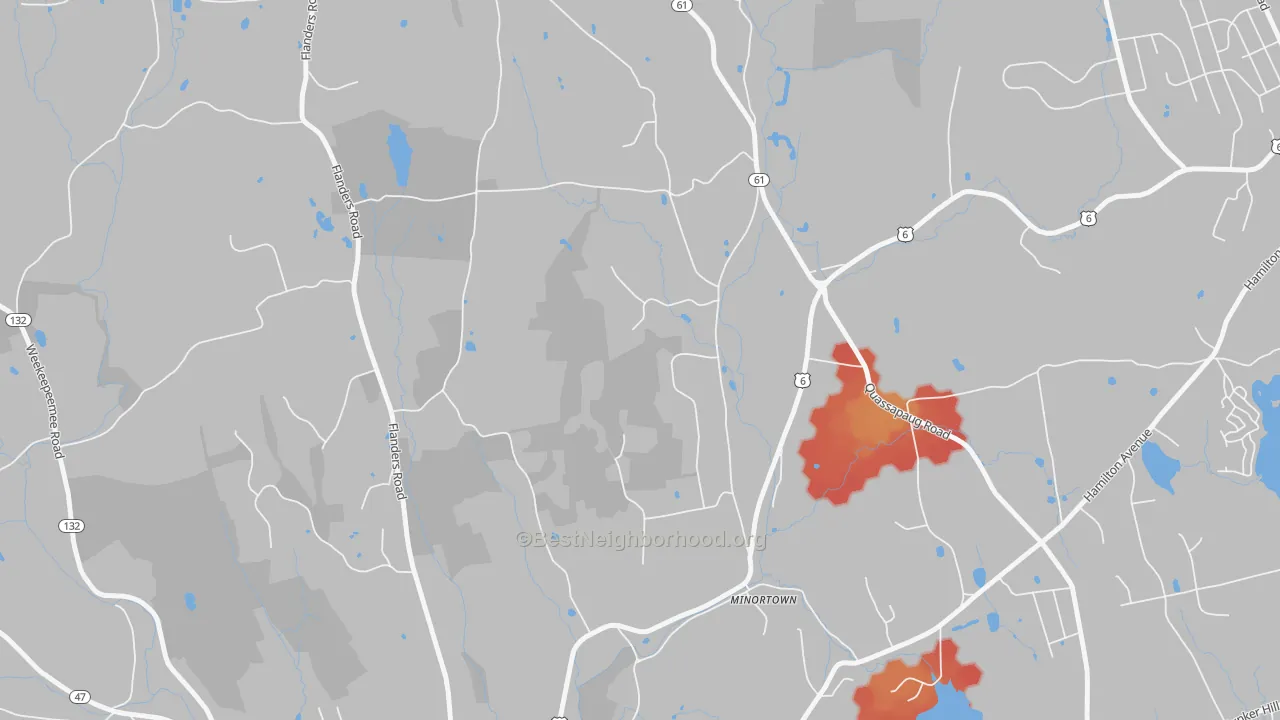 Walk Grade map of Minortown, CT, walkable areas in green and car-dependent areas in red