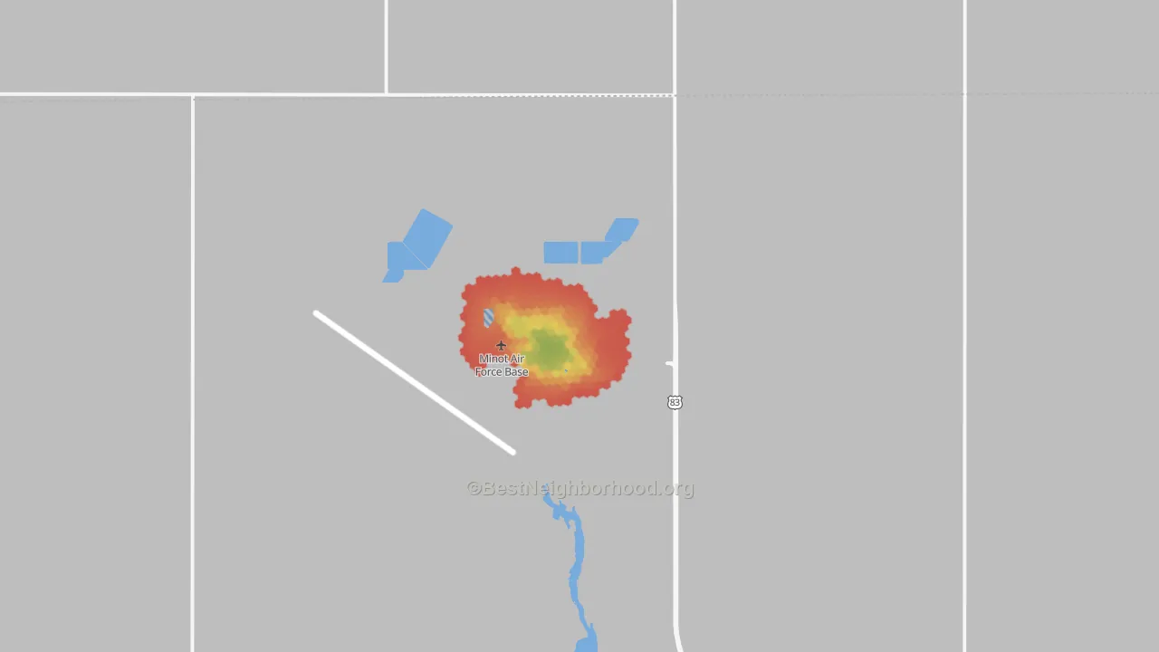 Walk Grade map of Minot Afb, ND, walkable areas in green and car-dependent areas in red