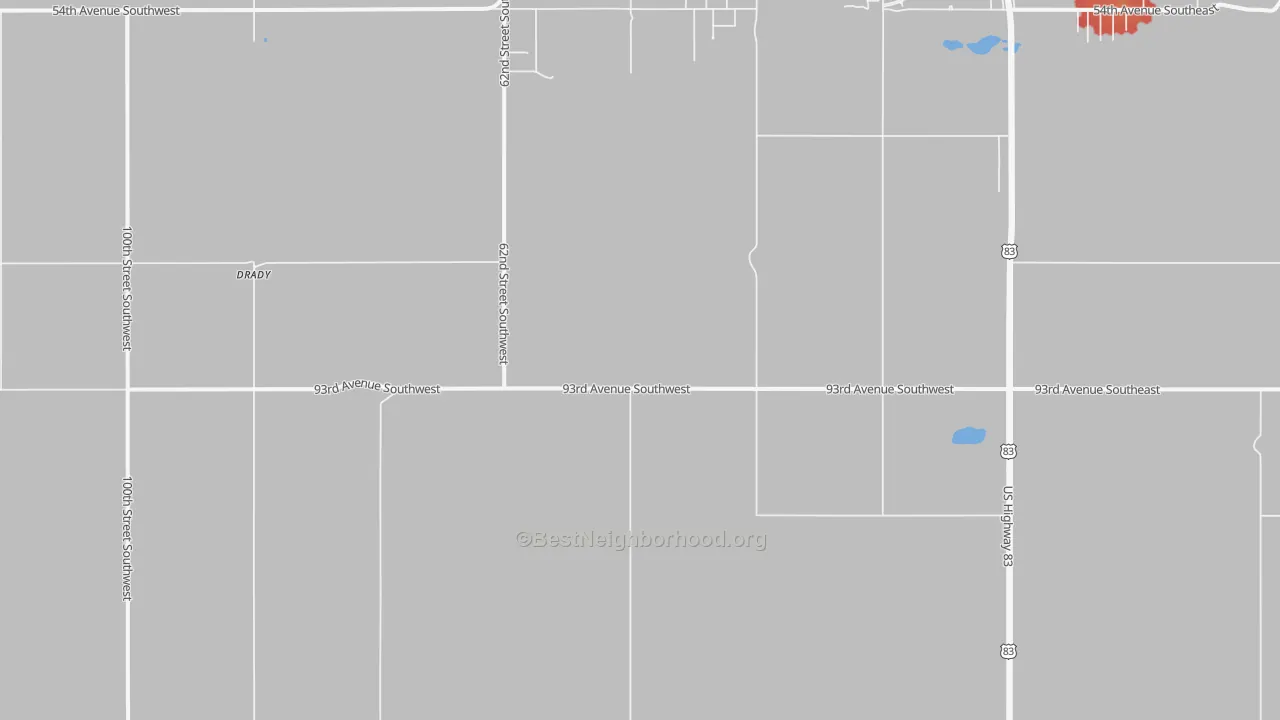 Walk Grade map of Minot Air Force Base, ND, walkable areas in green and car-dependent areas in red