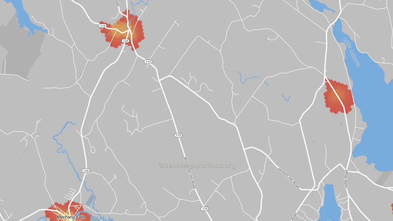 Walk Grade map of Minot, ME, walkable areas in green and car-dependent areas in red