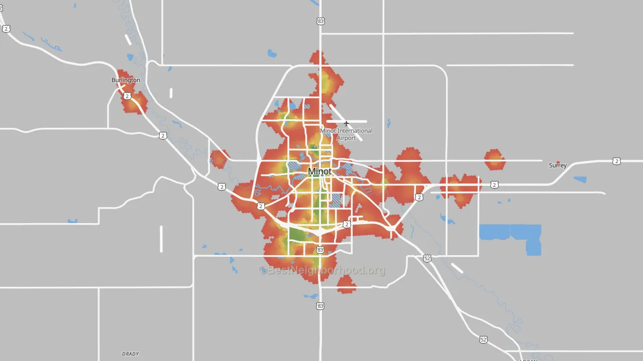 Walk Grade map of Minot, ND, walkable areas in green and car-dependent areas in red