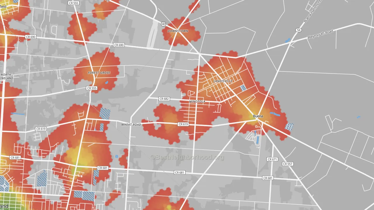 Walk Grade map of Minotola, NJ, walkable areas in green and car-dependent areas in red