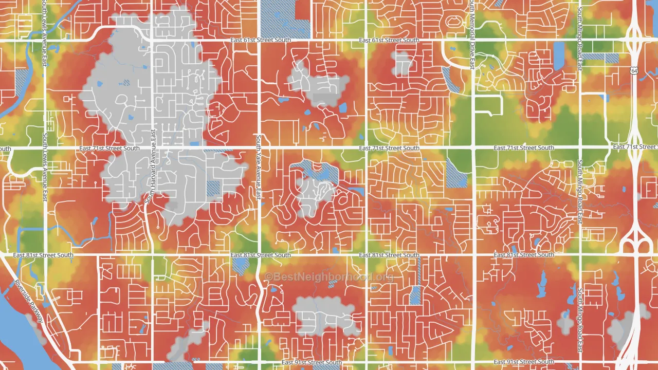 Walk Grade map of Minshall Park, Tulsa, OK, walkable areas in green and car-dependent areas in red