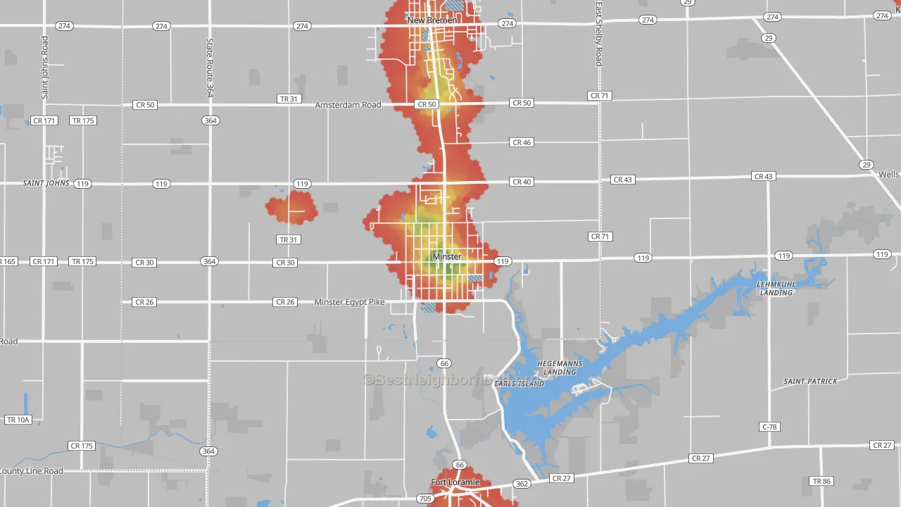 Walk Grade map of Minster, OH, walkable areas in green and car-dependent areas in red
