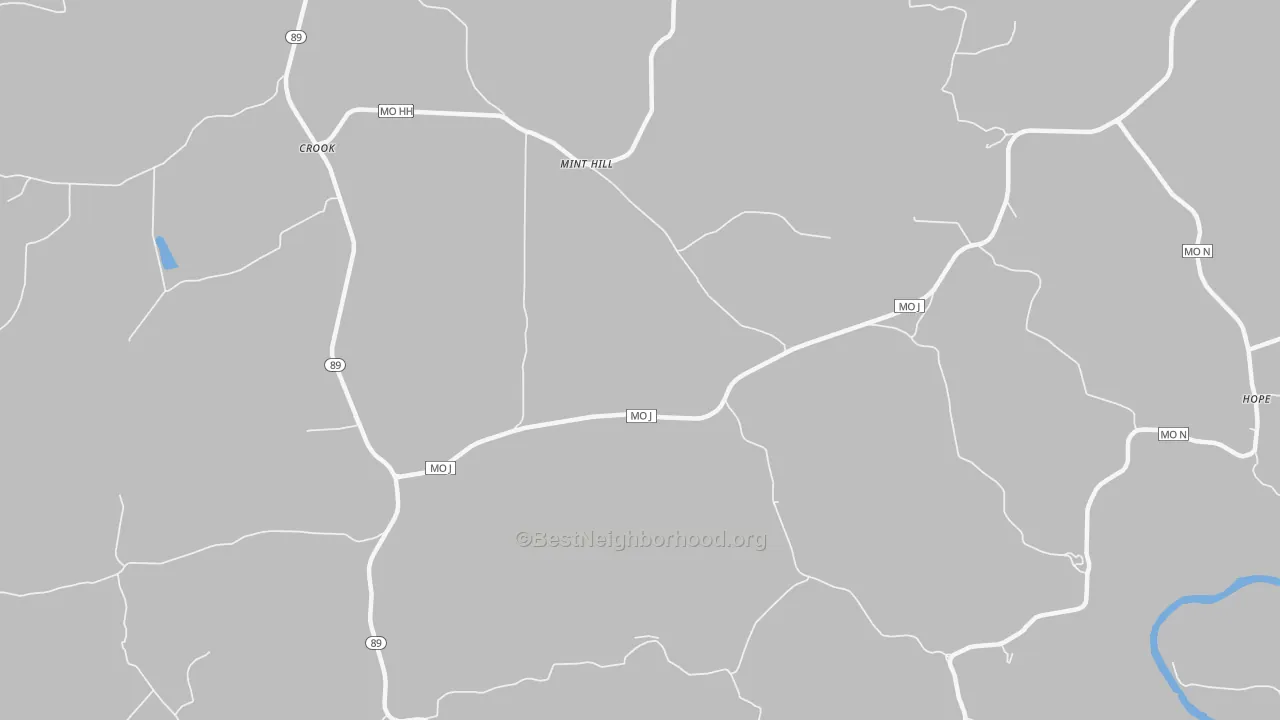 Walk Grade map of Mint Hill, MO, walkable areas in green and car-dependent areas in red