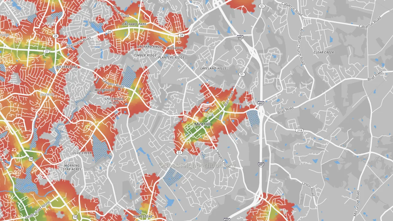 Walk Grade map of Mint Hill, NC, walkable areas in green and car-dependent areas in red