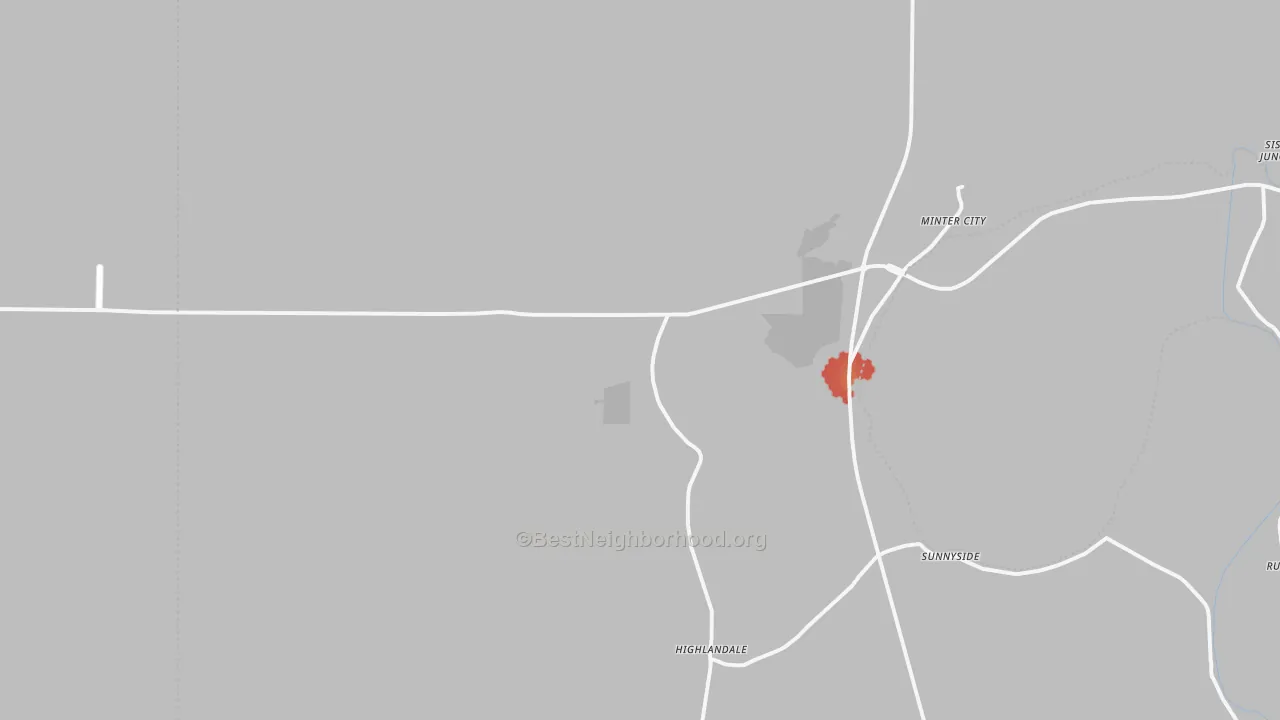 Walk Grade map of Minter City, MS, walkable areas in green and car-dependent areas in red