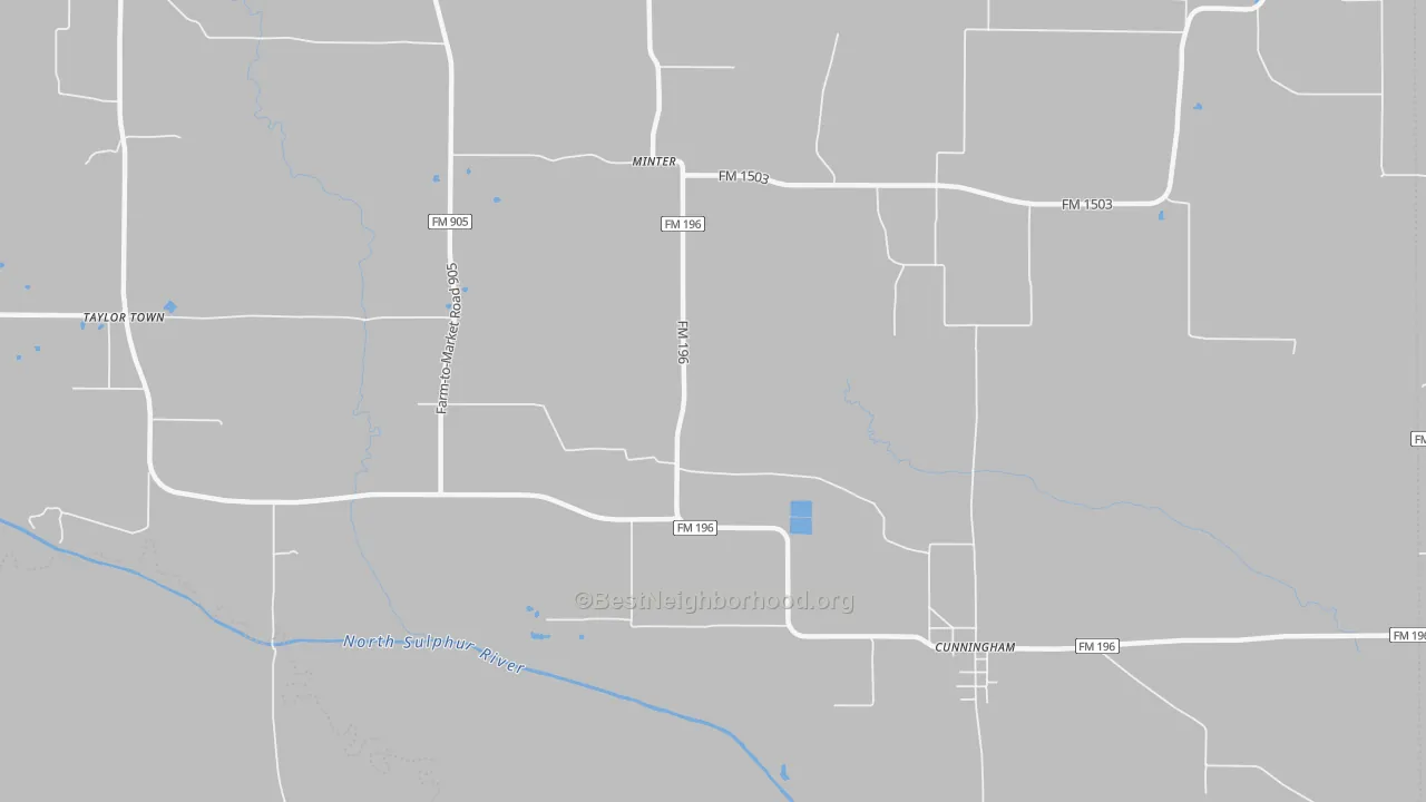 Walk Grade map of Minter, TX, walkable areas in green and car-dependent areas in red